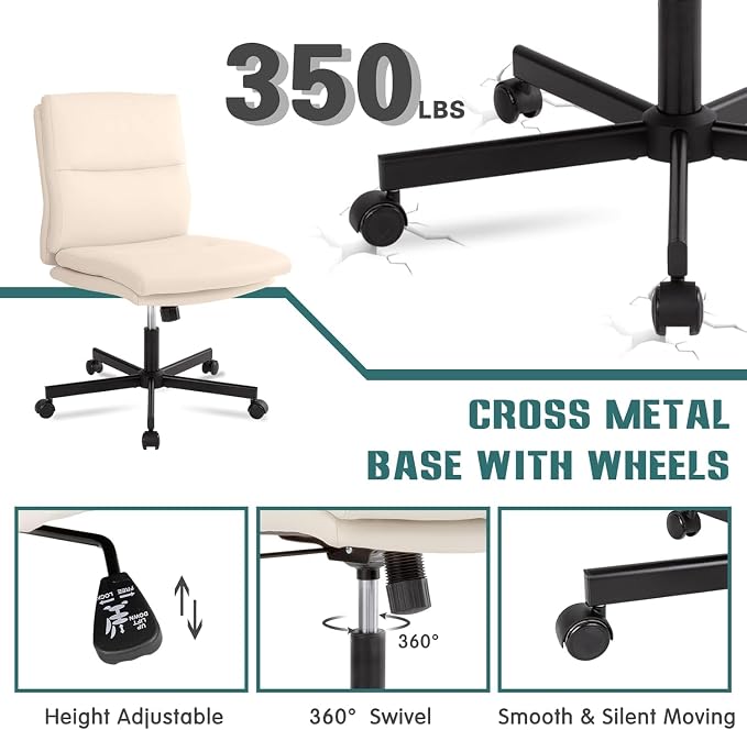 LUCKWIND Armless Office Desk Chair with Wheels, Mid-Back Criss Cross Swivel Task Chair, Height Adjustable Cushioned Vanity Chair, Double Padded PU Leather Chair for Home, Office & Bedroom, Beige White