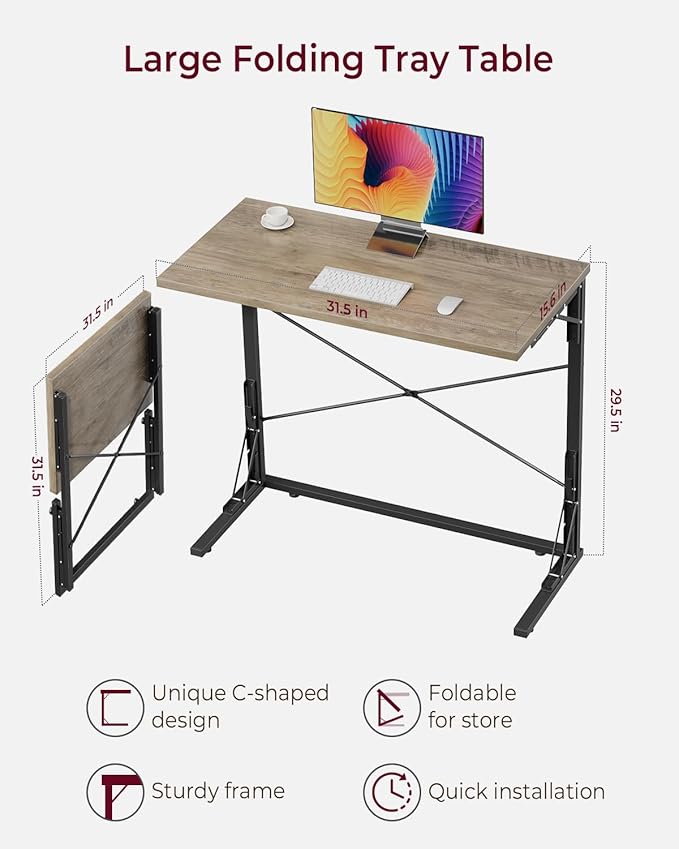 Vantic 31.5" Folding Desk, Foldable TV Tray Table for Eating on Couch, Extra Large TV Dinner Trays, Portable Fold Computer Writing Desk Table for Home Office, Greige
