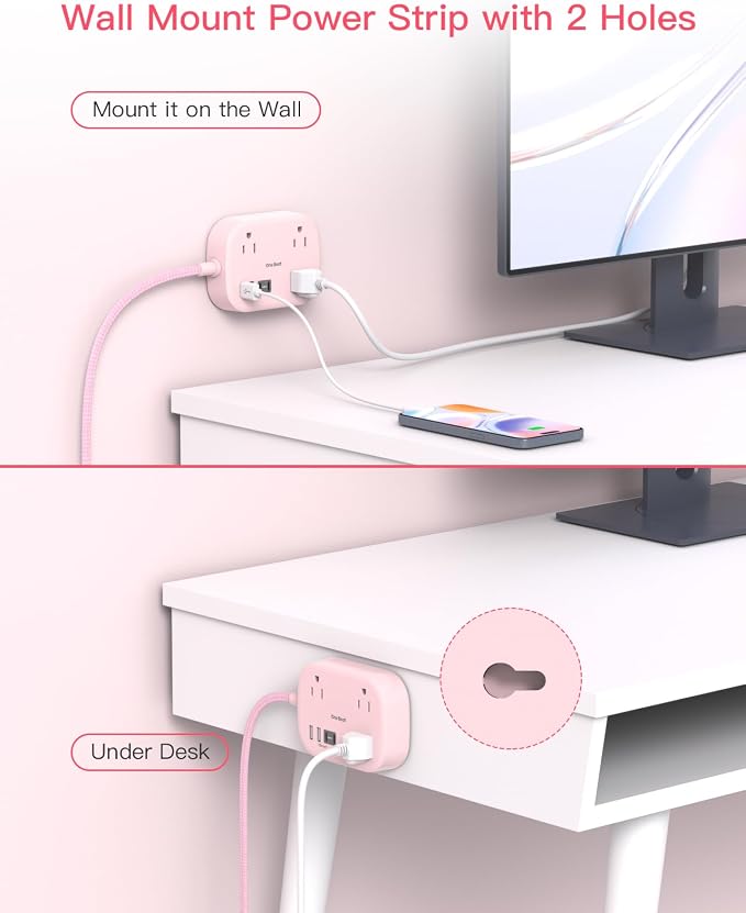 Cruise Essentials 2026,Travel Power Strip with USB C,Flat Plug Extension Cord 10 ft with 3 Outlets 4 USB Ports(2 USB C), Desk Wall Outlet Extender,Non Surge Protector for Cruise,Dorm Room,ETL-Pink