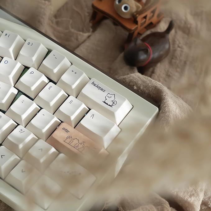 PBT Cute Cat Keycaps, Milk White Dye-Sublimation Keycap, 151 Keys Cherry Profile Keyboard Keycaps Set, Sand Dune Cat Custom Key Caps for Cherry MX Switches Mechanical Gaming Keyboard