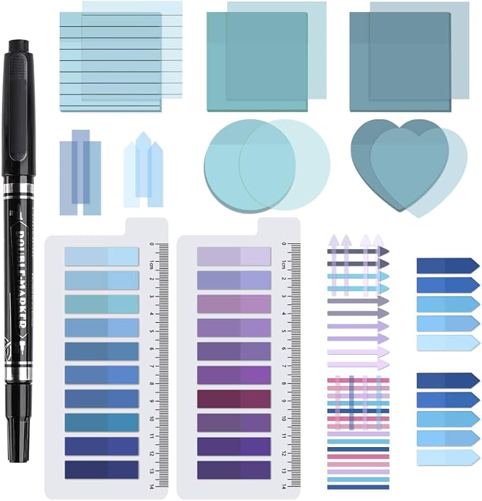 1450 Sheets Transparent Sticky Notes, 3 x 3 inch Aesthetic Clear Lined Sticky Notes with Pen, Gradient Color Waterproof Self-Adhesive Annotation Tabs for Bible Journaling (Blue & Purple)