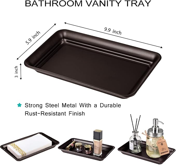 SheeChung Metal Vanity Tray, Bathroom Counter Storage Tray, Bronze 4 Pack | Sturdy Decorative Tray Holder, Farmhouse Vintage Decor Accessories for Perfume, Cosmetics, Jewelry, Makeup, Guest Hand Towel