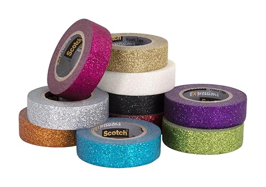 Scotch Glitter Washi Tape, 10 Rolls, Great for Holiday DIY and Wrapping, School Supplies, Craft Supplies, and Teacher Appreciation Gifts (Pack of 80)