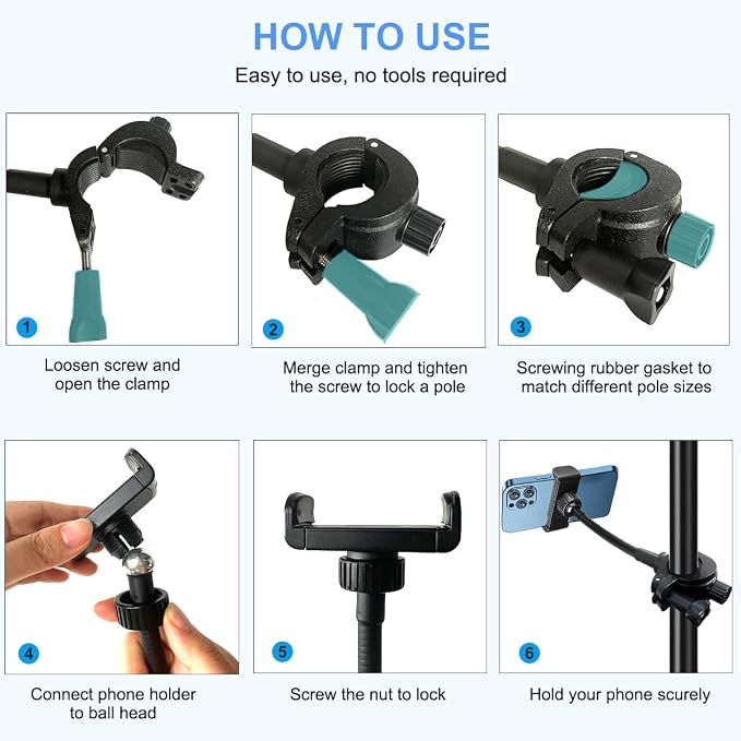 JCWINY Mic Stand Phone Holder, Flexible Phone Holder for Microphone Stand, Adjustable iPhone Mic Stand Holders, Music Stands Phone Holders for iPhone 14 13 12 MAX Pro Samsung Galaxy All Smartphones