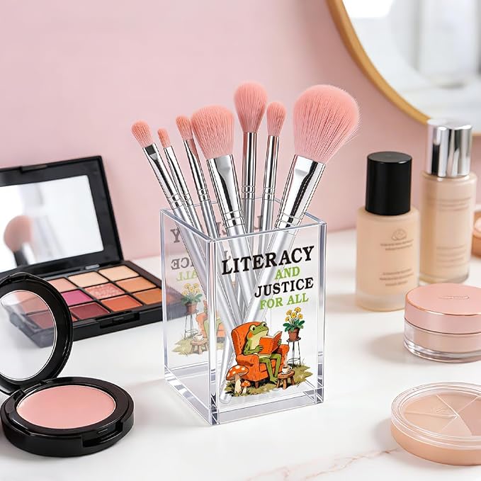 Literacy and Justice For All Acrylic Pencil Pen Holder Cup, Cute Bookish Makeup Brush Storage Organizer, Reading Book Club Desk Accessories Holder Gifts for Daughter Librarian Teacher Holders