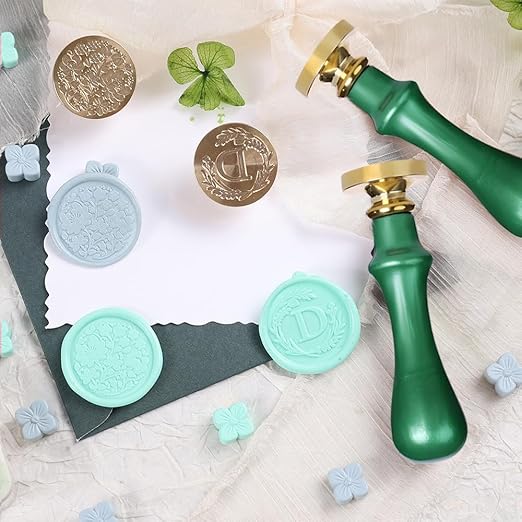 Elegant Initial D Wax Seal Kit,2pcs Exquisite Brass Stamp Heads with Eucalyptus & Flower Designs Ideal for Wedding Invitations Gift Wraps Envelopes and Christmas Cards (Alphabet D Kit)