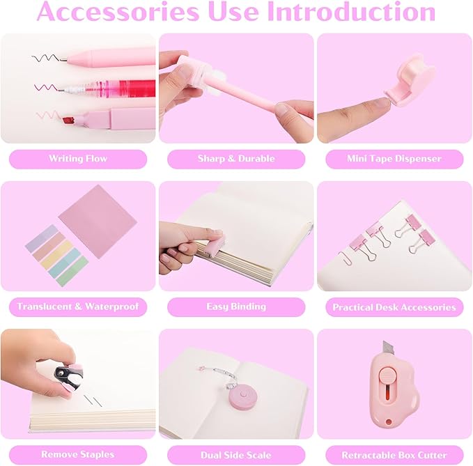 Mini School Supplies Kit, Pink Mini Stapler with Staples and Tape Dispenser Set, Mini Stationary Set Includes Sticky Notes Index Tabs Highlighters Gel Pens for Office & Back to School Supplies