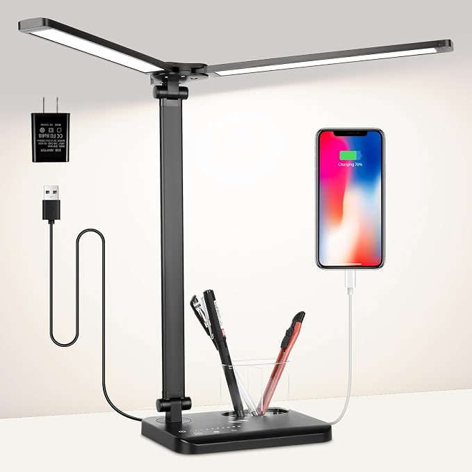 Woputne LED Desk Lamp with Dual Heads – 5 Colour Modes & 10 Brightness Levels, Adjustable Reading Light for Home Office, Bedroom, Study, and Craft (Black, Includes Adapter)