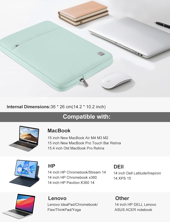DOMISO Laptop Case Laptop Sleeve Cover Compatible with 15 inch MacBook Air M4/A3241 2025, M3/A3114,M2/A2941,15 inch MacBook Pro A1990 A1707,Compatible with Dell XPS 15 Plus with Pocket,Mint Green