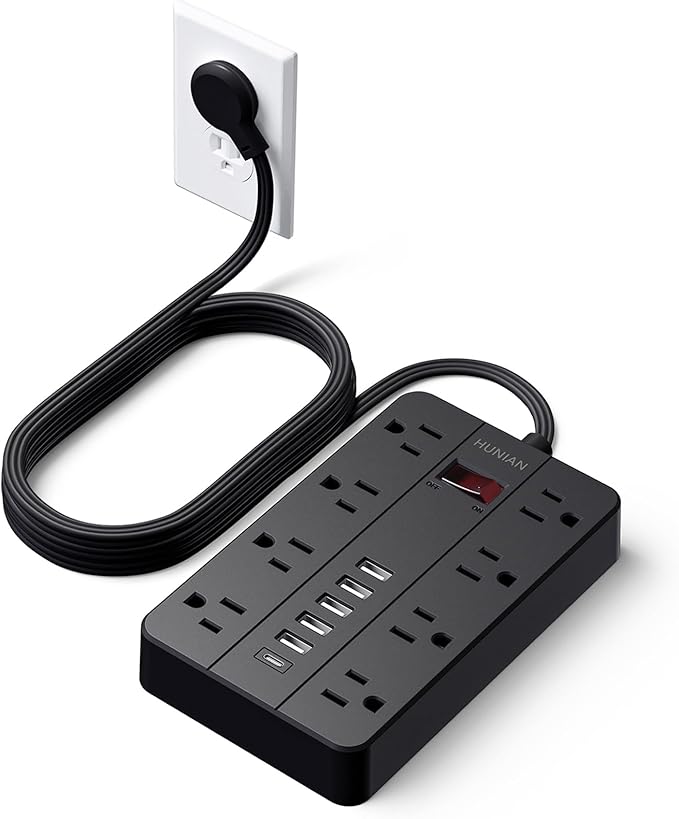 Power Strip with Multiple Outlets, HUNIAN Flat Plug 10 Ft Long Extension Cord with 8 Widely Spaced Outlets 6 USB (1 USB C Port), Wall Mount Charging Station for Home and Office