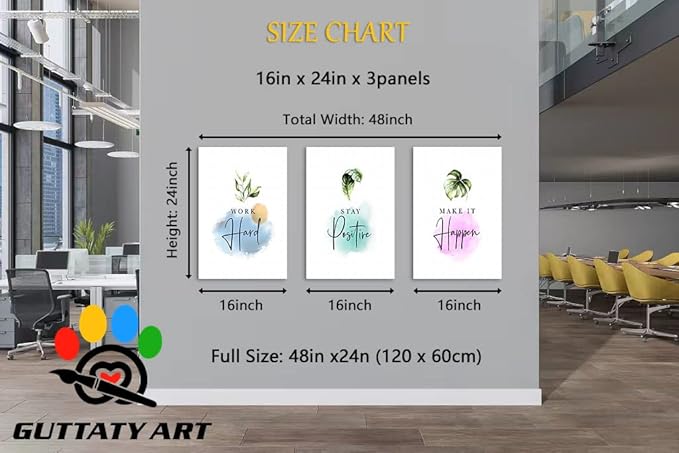 Inspirational Wall Art, Office Pictures for Wall Decor, Motivational Canvas Wall Art for Women, Work Hard - Stay Positive - Mak It Happen Quotes Poster Framed Artwork for Workplace Decor 16”x24”x3Pcs