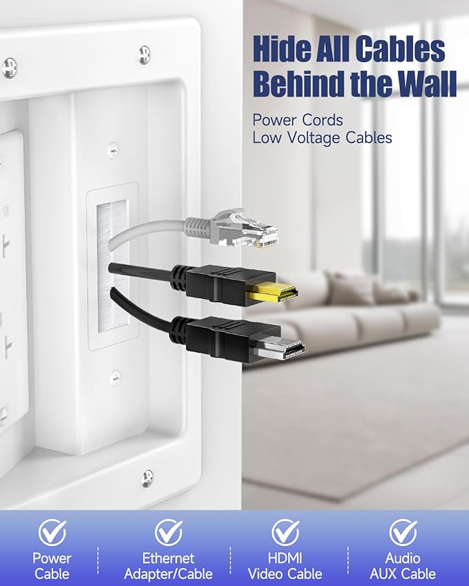 Wall Cable Concealer Kit, in Wall Cable Management Kit for TV, Recessed Outlet with Cable Management Box, in Wall Power Kit Hides TV Cords and Cables, Fits All Plugs, White