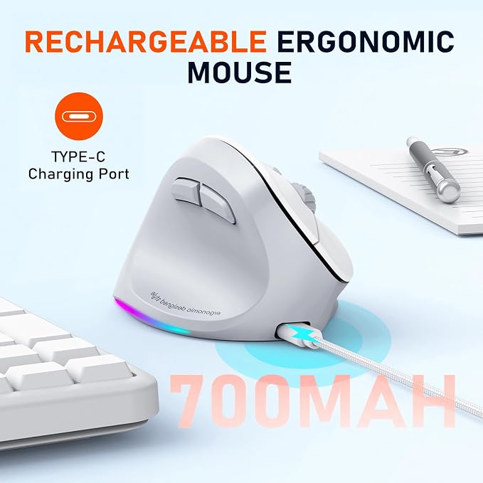 MEETION Left-Handed Ergonomic Wireless Vertical Mouse with RGB, Bluetooth (5.2 + 3.0) & 2.4G USB, 4 Adjustable DPI for Mac/Windows/PC/Tablet/iPad, Gray