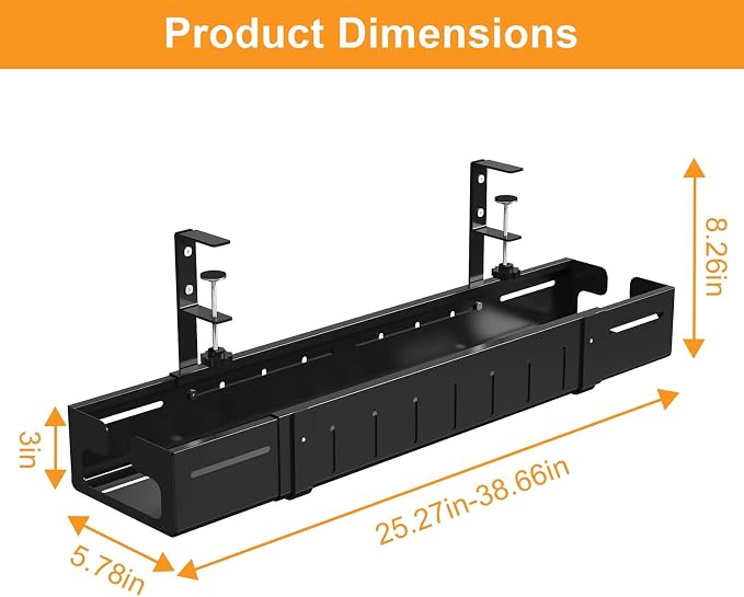 Under Desk Cable Management Tray Black | Expandable 25.27"-38.66", Sturdy Steel Desk Cord Hider Raceway for Office/Home