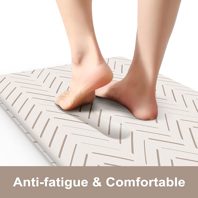 KIMODE Anti Fatigue Kitchen Mat, Boho Kitchen Rugs Sets of 2, Cushioned Kitchen Floor Mats Non Slip, Waterproof Comfort Foam Standing Desk Mat for Laundry, Office, Sink, Light Brown/Beige