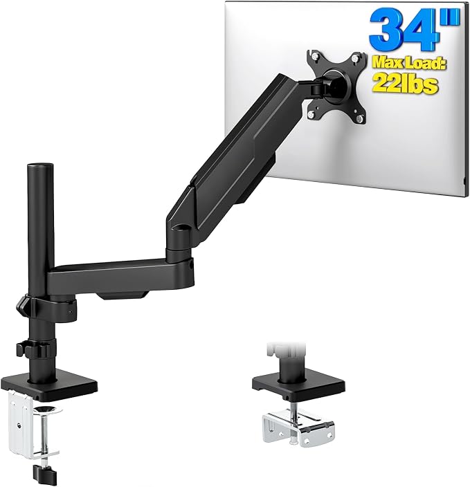 Single Monitor Arm Desk Mount for 17-34" Screens, VESA Stand Holds 22 lbs | Full-motion Adjustability, +90 to -45° Tilt, 180 Swivel, 360 Rotation, Standard 75x75mm and 100x100mm Compatible