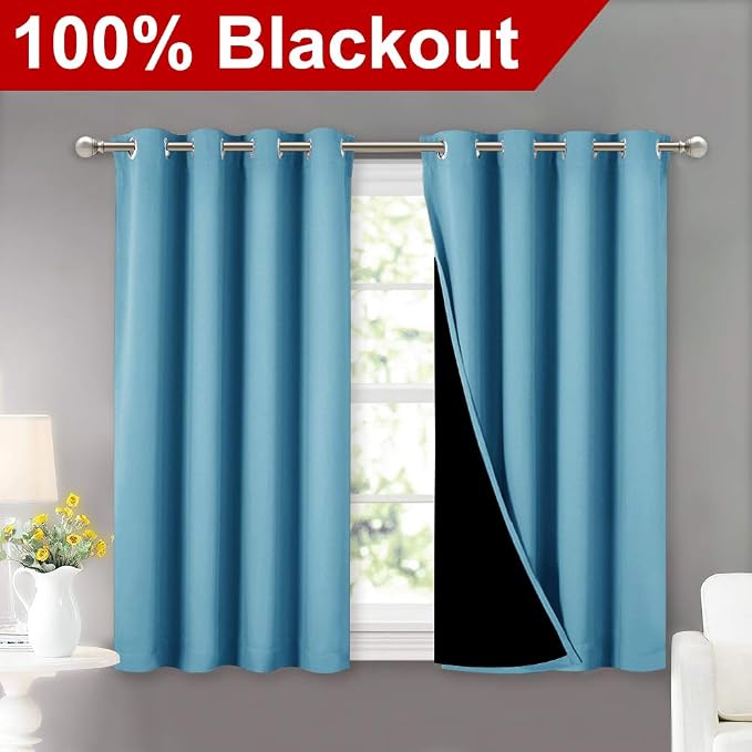 NICETOWN 100% Blackout Short Curtains with Black Liners, Thermal Insulated Full Blackout Lined Drapes, Energy Efficiency Window Draperies for Boy's Room (Teal Blue, 2 Panels, 52-inch W by 45-inch L)