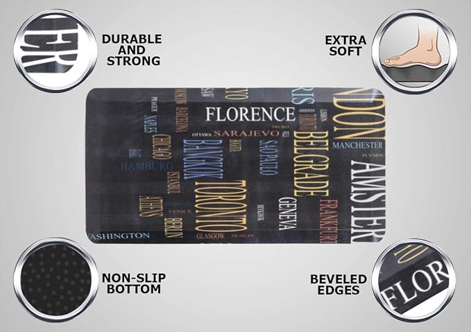 Mabel Home Anti Fatigue Floor Mat- 3 Size(20x32 & 20x39 & 24x70),16 Colors - Standing Desk Mat-Kitchen Floor Mat-Stain ResistantHome Non-Slip Bottom, Extra Soft (Typography, 24" x 70")