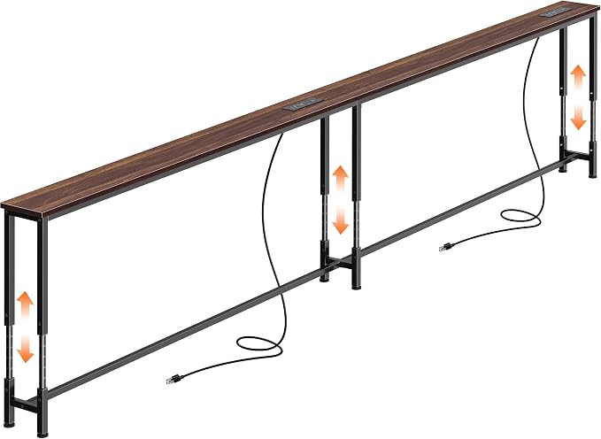 Huuger 110.2 Inch Sofa Table with Power Outlets, 23.9’’-34.4’’ Height Adjustable Range, Behind Couch Table with USB-C Ports, Sofa Tables Narrow Long, Skinny Console Table, Small Spaces, Dark Walnut