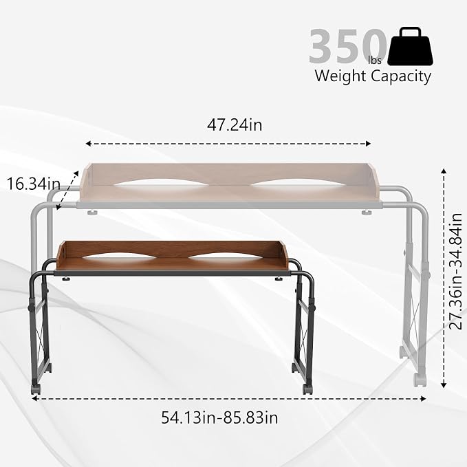BYMECOST Laptop Desk for Bed, Adjustable Height & Length Laptop Bed Table | Overbed Table with Wheels for Queen Size Beds,Rolling Standing Desk,Over Bed Desk for Working Reading Eating