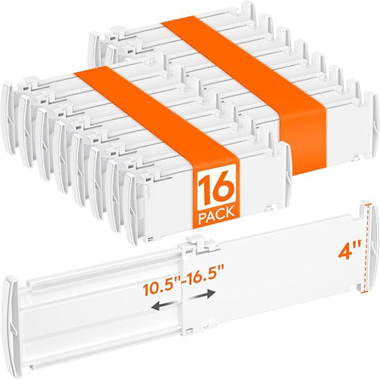 Lifewit 16 Pack Drawer Dividers for Clothes, 4" High 10.5"-16.5" Expandable Dresser Drawer Organizers, Adjustable White Plastic Separators for Kitchen, Cabinet, Nursery, Socks & Underwear Storage