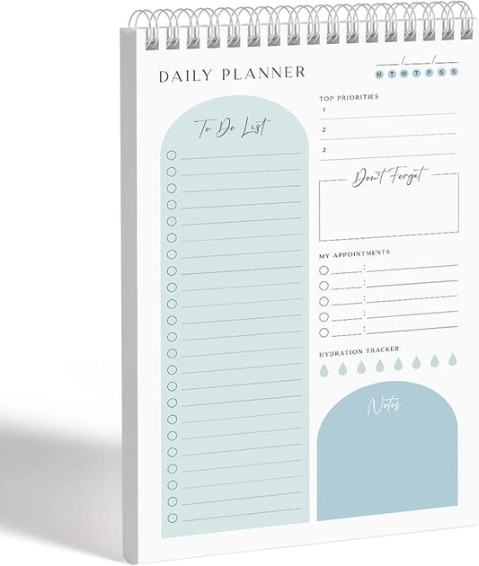 Daily Planner To Do List Notepad 60 Undated Pages,Pastel Blue,Twin-ring Spiral Bindling 6x9 Inch Desktop Daily Planning Notepad with Protective Cover, Water Intake, Habit Tracker