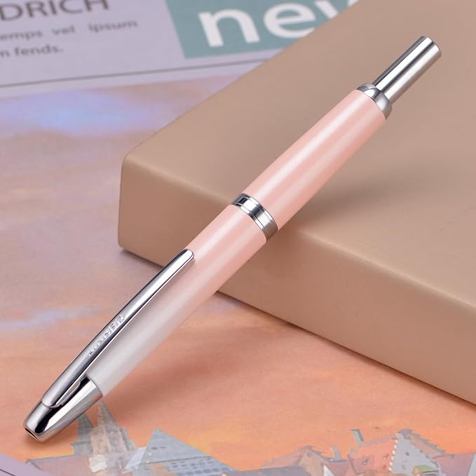 Jinhao 10 Press Fountain Pen with Box, Gradient Peach Pink Retractable Fine Nib with Ink Converter Set (Silver Clip)