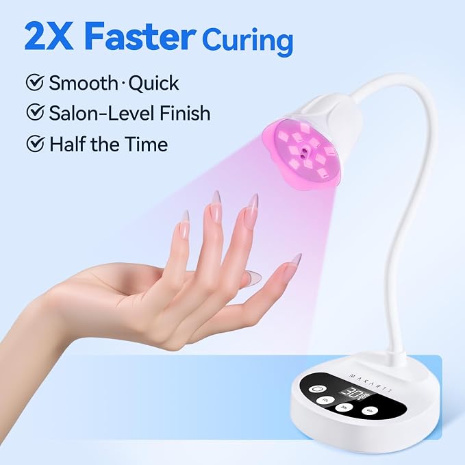 Makartt UV LED Nail Lamp: Portable Cordless 50 mW/cm² Flash Cure Nail Lamp for Gel X & Press-On Nails, Rechargeable USB Gooseneck Nail Dryer with Auto Sensor & 4 Timers for Gel Polish Travel Manicure