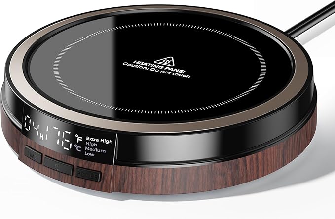 Coffee Mug Warmer for Desk, 50W Fast Heating Cup Warmer with Smart Display, 4 Temps & 12H Timer, Auto Shut Off for Tea, Milk, Hot Drinks - Dark Wood Effect