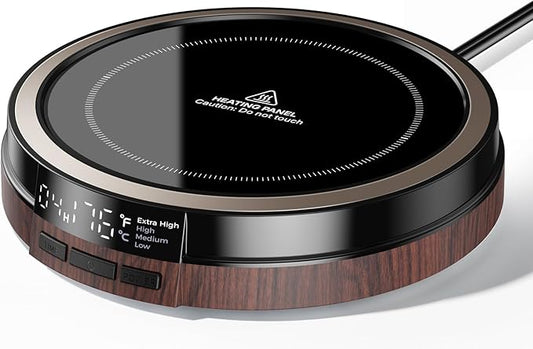 Coffee Mug Warmer for Desk, 50W Fast Heating Cup Warmer with Smart Display, 4 Temps & 12H Timer, Auto Shut Off for Tea, Milk, Hot Drinks - Dark Wood Effect