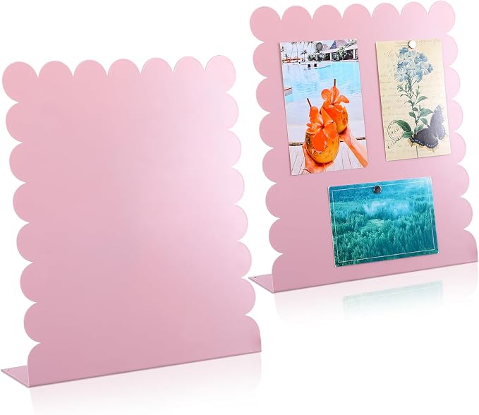 Gueevin 2 Pcs Magnet Board Standing Magnetic Metal Board for Desk and Wall Scalloped Magnetic Display Stand for Memos Photos and Documents Home Office School Desk Storage Decoration(Pink,Medium)