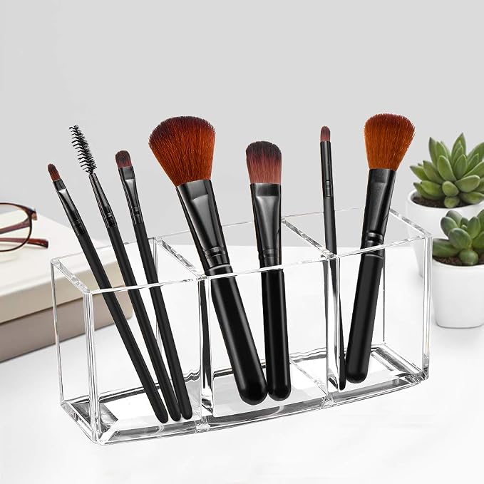 Acrylic Makeup Brush Organizer Holder Clear Cosmetic Brushes Storage with 3 Slots | 3 Slots