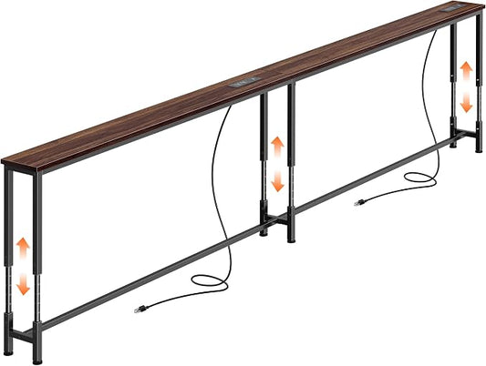 Huuger 102.4 Inch Sofa Table with Power Outlets, 23.9’’-34.4’’ Height Adjustable Range, Behind Couch Table with USB-C Ports, Sofa Tables Narrow Long, Skinny Console Table, Small Spaces, Dark Walnut