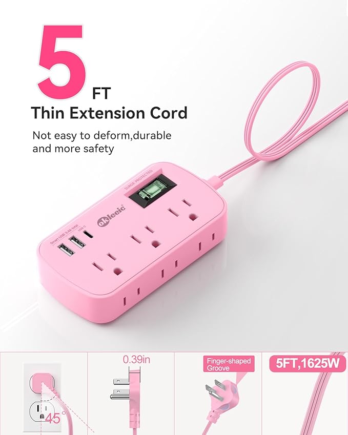 Pink Extension Cord - 5Ft Travel Power Strip with 3 USB(1 USB C) 17W Charging Station and 6 Outlets, Pink Desk Accessories with Surge Protector for Cute Kawaii Gifts College Dorm Desk