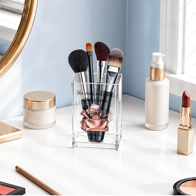 She Works Willingly With Her Hands Acrylic Cosmetic Pencil Pen Holder, Proverbs 31:13 Bible Verse Desk Accessories, Make Up Brush Organizer for Sister Friend, Religious Gifts for Makeup Lover