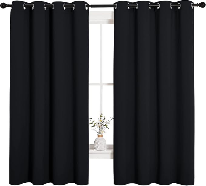NICETOWN Bathroom Blackout Curtains and Drapes, Black Solid Thermal Insulated Grommet Blackout Drapery Panels for Window (2 Panels, 55 inches Wide by 68 inches Long, Black)