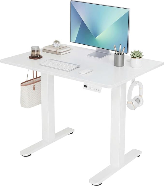 Claiks Electric Small Standing Desk, 32x19 Inch, White | Adjustable height for sit-stand, 156lbs capacity, scratch-resistant surface, 3 memory presets, cable management & hook.