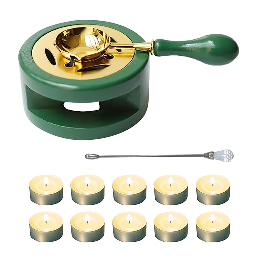 Green Wax Seal Warmer Furnace Kit Melting Furnace Tool Sealing Seal Stamp Warmer Stand with Spoon & Stir Stick and Tealight Candles Set for Wedding Wax Envelope Seal Stamp (Dark Green)