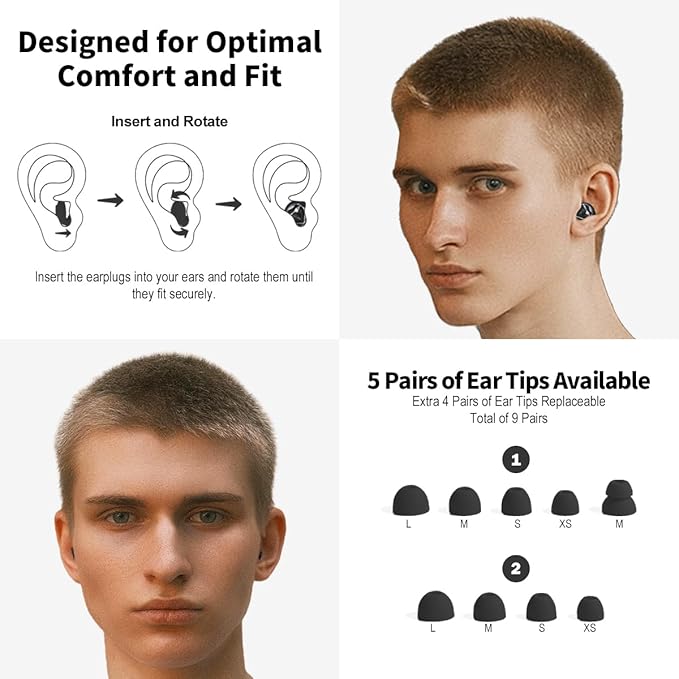 Ear Plugs for Sleeping Ultra-Soft Silicone Earplugs for Noise Cancelling Concerts Reusable Noise Reduction Earbuds for Travel Focus Work 33dB Hearing Protection with 9 Ear Tips & Case (Black)