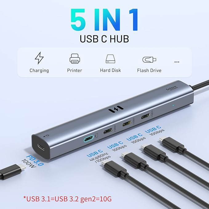10Gbps USB C Hub with 4K@60Hz Video Display, Selore 5 Ports USB-C Splitter, C Port Data Transfer, 100W PD-in Charging, Dongle Multiport Adapter for MacBook Pro, iPad, Dell, HP, and More