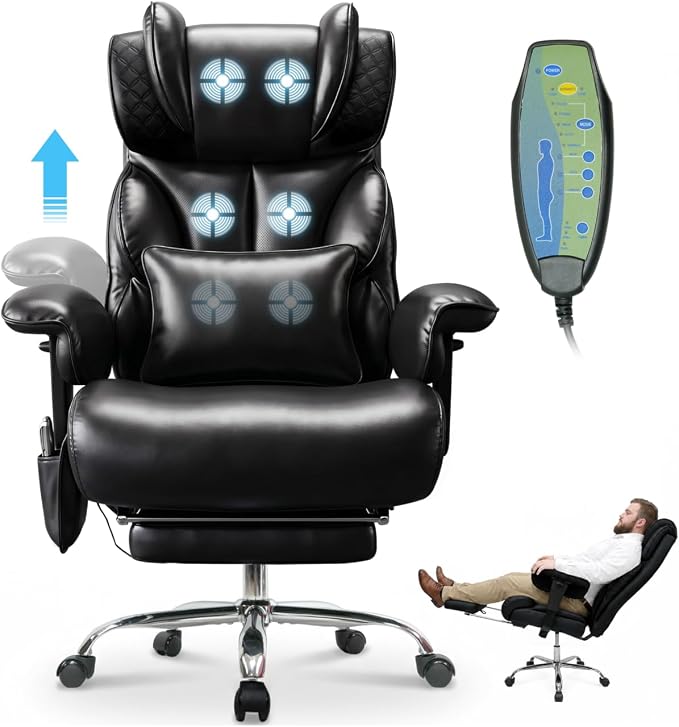 Massage Office Chair with 6 Point Vibration, Foot Rest and Adjustable Armrests – 500lbs Ergonomic Executive Home Office Desk Chairs for Big and Tall Heavy Duty People