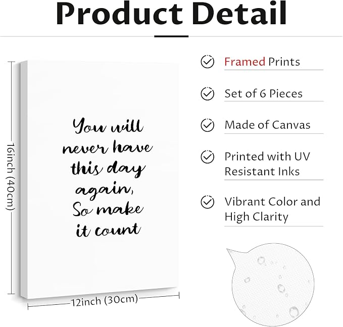 Office Inspirational Wall Art Decor Motivational Quotes Canvas Wall Art Positive Classroom Posters Pictures Office Inspirational Work Artwork for Women Home Bedroom 12x16 Inch Wrapped Canvas Set of 6