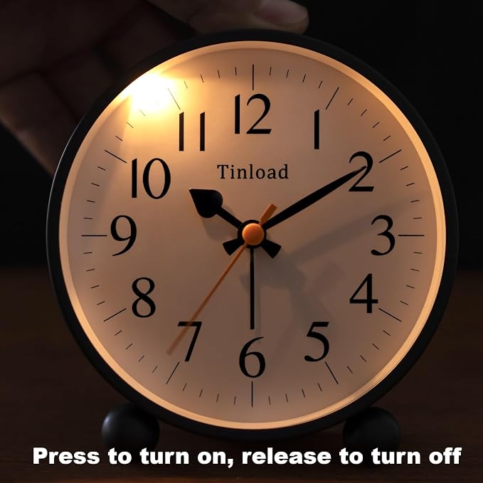 Tinload 4.5" Vintage Retro Analog Alarm Clock, Super Silent Non Ticking Small Clock with Manual Light, Snooze, Battery Operated, for Living Room, Bedroom, Bedside, Desk(Black)