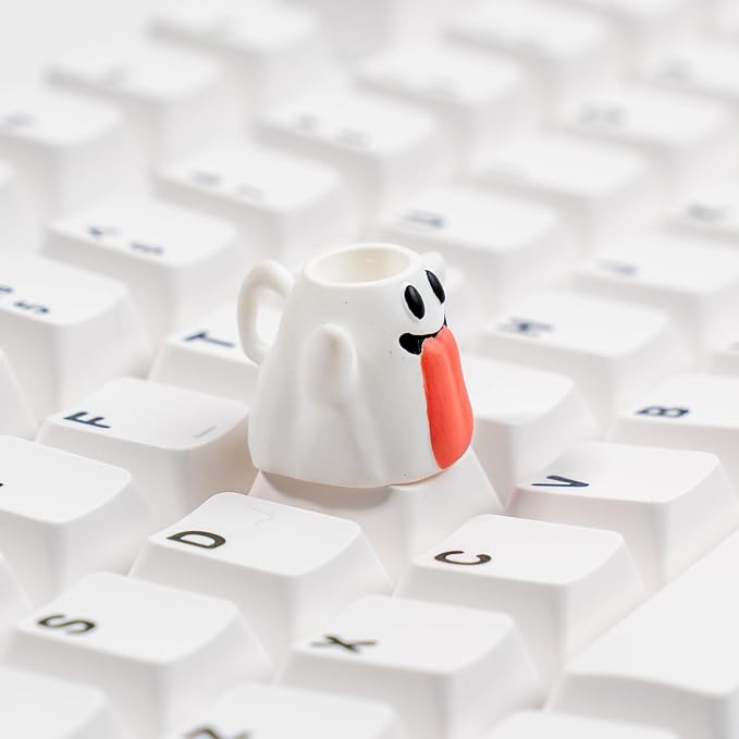 Ghost Artisan Keycap, White with Red Accent, Resin Material, 1U Size, MX Switch Compatible, Novelty Design for Mechanical Gaming Keyboards