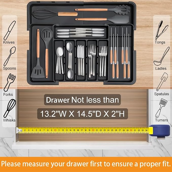 Silverware Organizer - Expandable Large Kitchen Drawer Organizer Utensil Organizer with 2 Removable Knife Blocks, 22"x 19"Cutlery Tray Drawer Dividers for Kitchen Flatware(6-9 Slots) (Black)