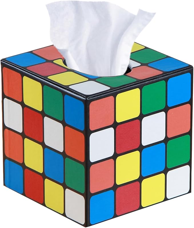 Tissue Box Holder Leather Square Facial Tissue Box Cover Pumping Paper Case Dispenser, Magic Cube Napkin Holder for Bathroom Vanity Countertops, Bedroom Dressers, Night Stands, Desks and Tables