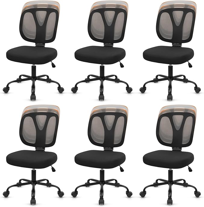 CLATINA Armless Home Office Chair, 360° Swivel Rolling Desk Chair with Lumbar Support and Wheels, Adjustable Height Mesh Back Small Ergonomic Computer Task Chair for Conference Waiting, Black(6 Pack)