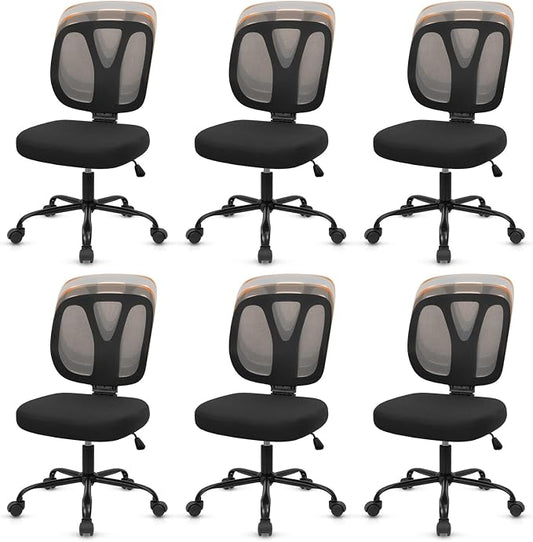 CLATINA Armless Home Office Chair, 360° Swivel Rolling Desk Chair with Lumbar Support and Wheels, Adjustable Height Mesh Back Small Ergonomic Computer Task Chair for Conference Waiting, Black(6 Pack)