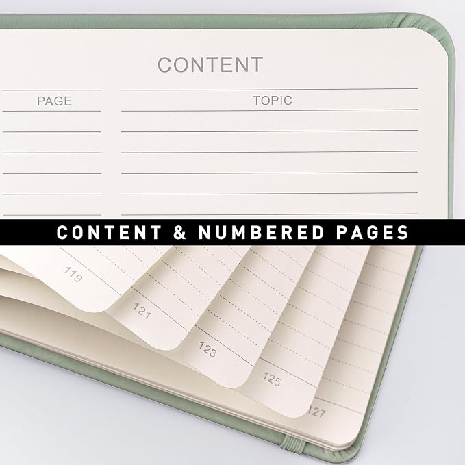 AHGXG Lined Journal Notebook, 160 Numbered Pages, A5 Medium Size (5.7'' x 8.3''), 120 GSM Thick Paper, for Men & Women, Journaling, Writing, Work & Office, Leather Hardcove (Sage Green)