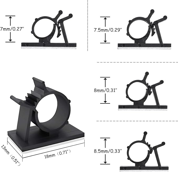 Viaky 30Pcs Black Adjustable Cable Clips,Adhesive Wire Management Clips | Reusable Buckle Self-Adhesive Wiring Fixing Nylon Bracket Wire Management Suitable for 0.3 Inch Diameter(8mm) Cable